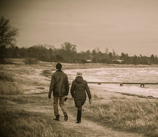 Couple walking along the shore