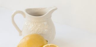 fresh cut lemon and water jug