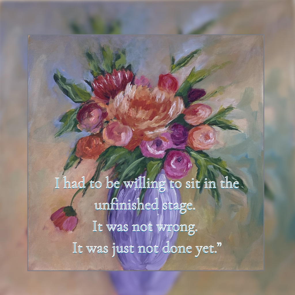 original painting of flowers in a vase with text overlay